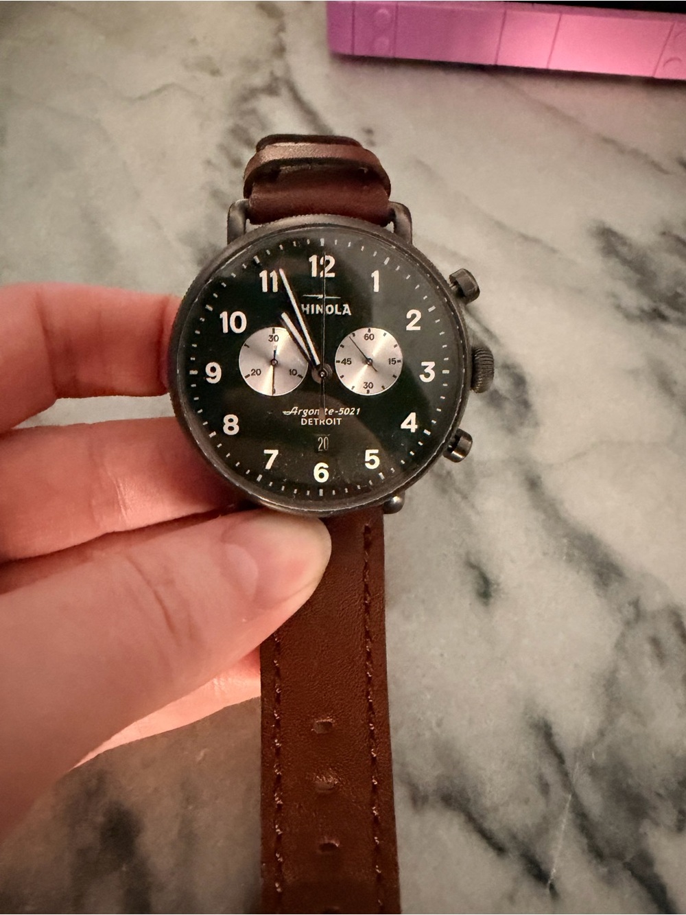 Shinola Green Canfield Gunmetal Chronograph with Brown Leather Strap